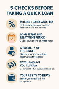 Infographic summarizing 5 checks before taking a quick loan