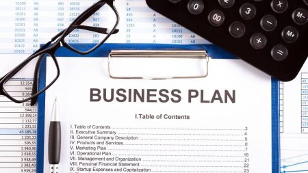 Business plan with calculator and glasses